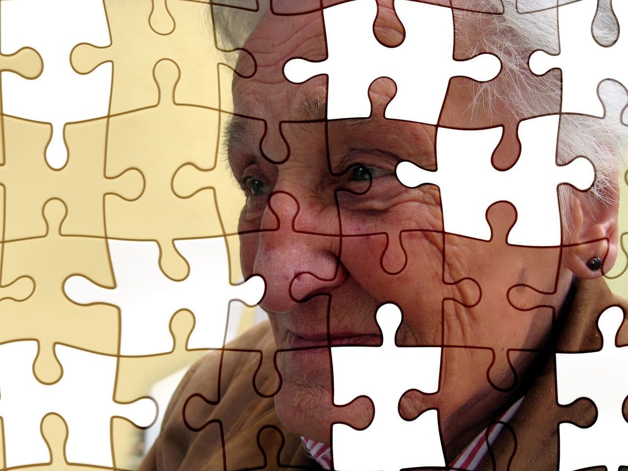 A portrait of an older adult rendered as a jigsaw puzzle with pieces missing
