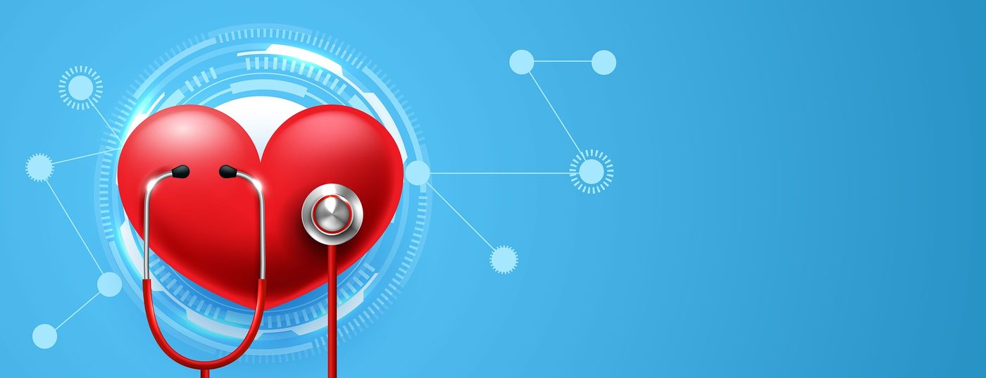 An illustration of a red heart with a stethoscope on a blue background, representing heart and vascular health.